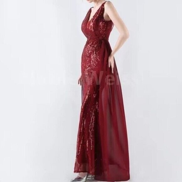 Red, Double V, Beaded Back, Draped Skirt, Sequined Mermaid Gown - Picture 8 of 15